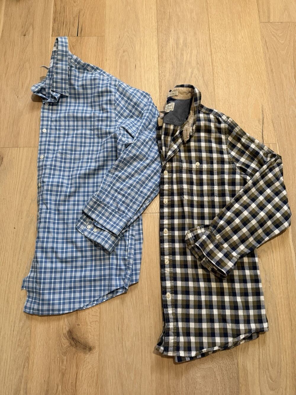 Lot Of 2 L.L.Bean Men’s L Reg Plaid & Flannel Shirts Blue 100% Cotton Fitted EUC